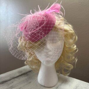 Pink Fascinator Feather Derby Hat Clip on (Wig not included)